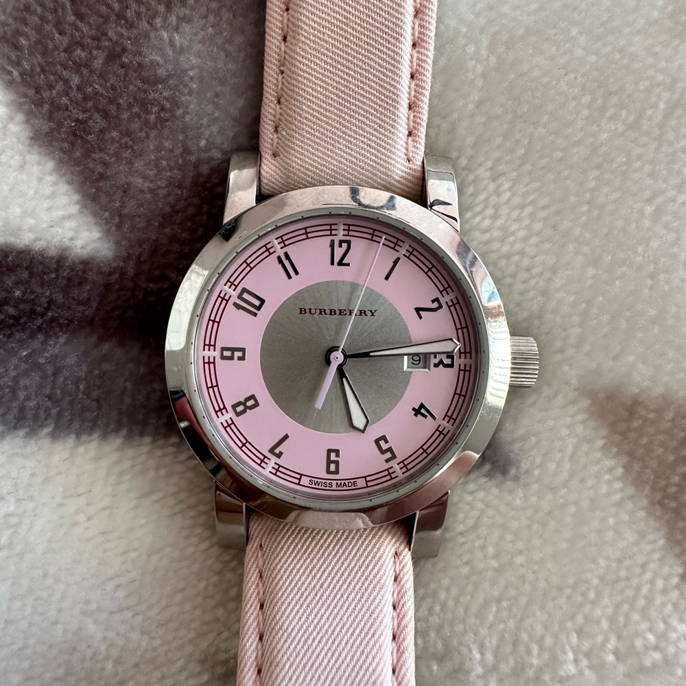 Burberry watch, pink canvas strap BU7108